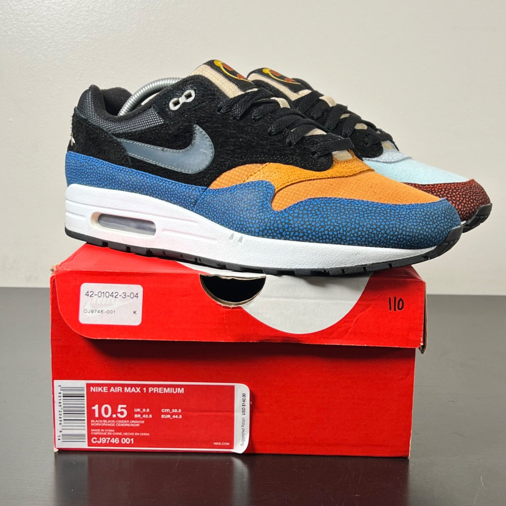 Nike Air Max 1 Swipa 10.5 (Lightly Worn Pre-Owned)NikeBlack/Black-Cinder Orange-Photo Blue-Moon Particle-Desert Ore - Image 1