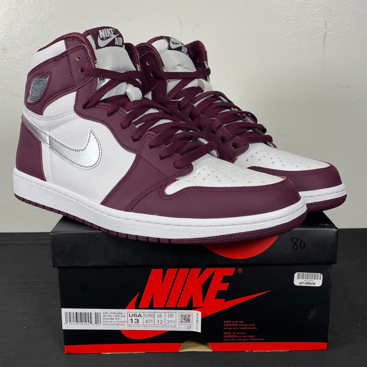 Jordan 1 Retro High OG Bordeaux 13 (Moderately Worn Pre-Owned)JordanBordeaux/White-Metallic Silver - Image 1