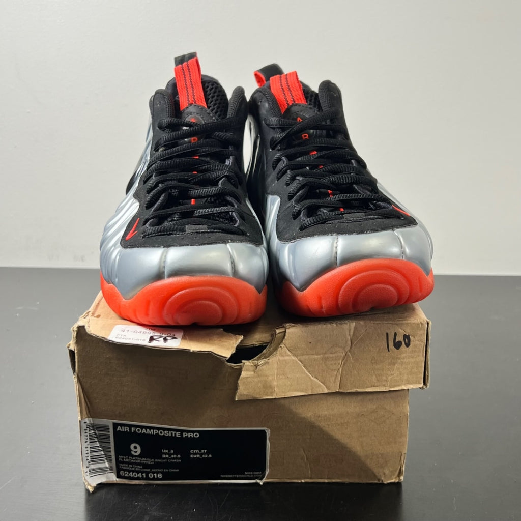 Nike Air Foamposite Pro Bright Crimson 9 (Lightly Worn Pre-Owned)NikeMetallic Silver/Black-Bright Crimson - Image 2