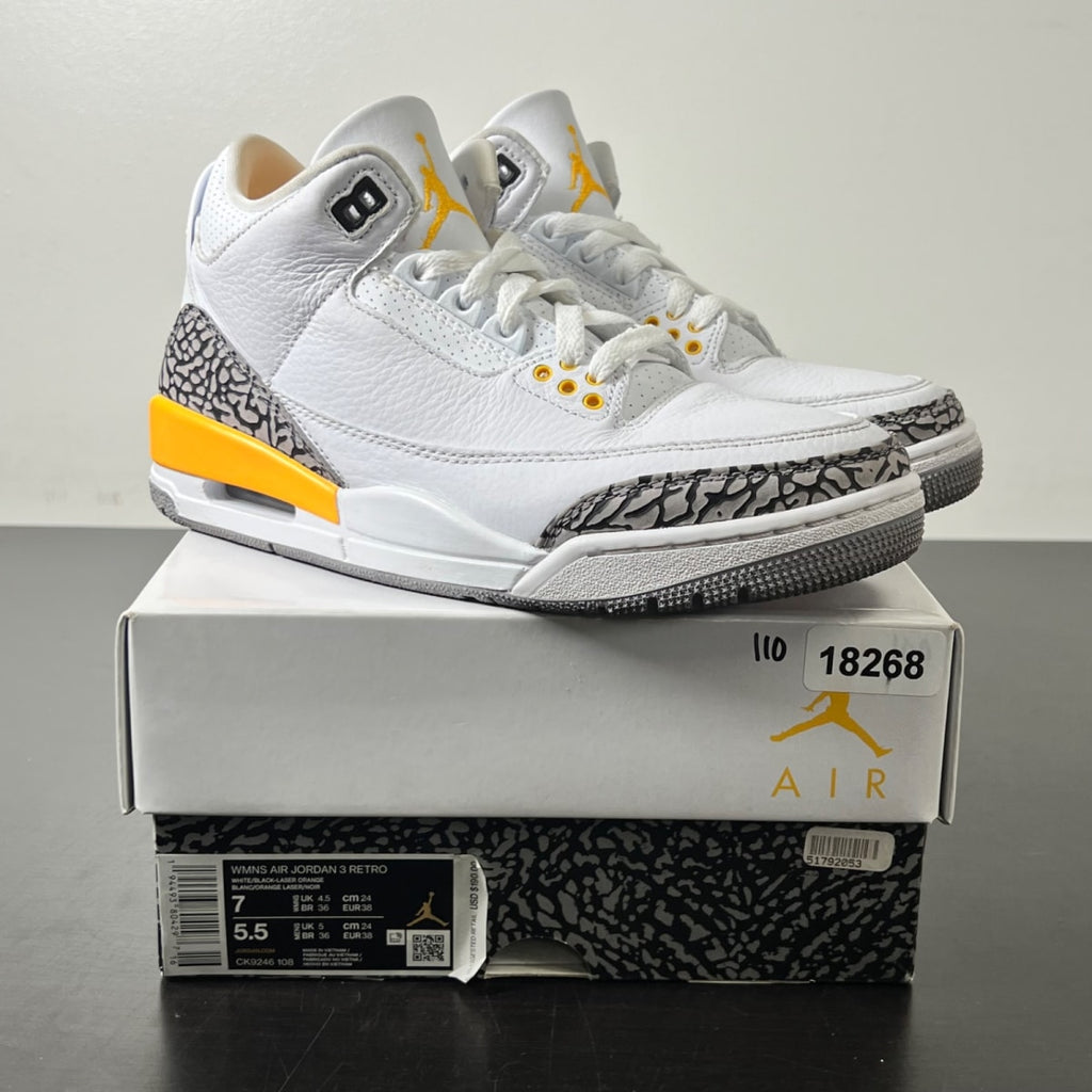 Jordan 3 Retro Laser Orange (Women's) 7W (Lightly Worn Pre-Owned)JordanWhite/Laser Orange-Cement Grey-Black - Image 1