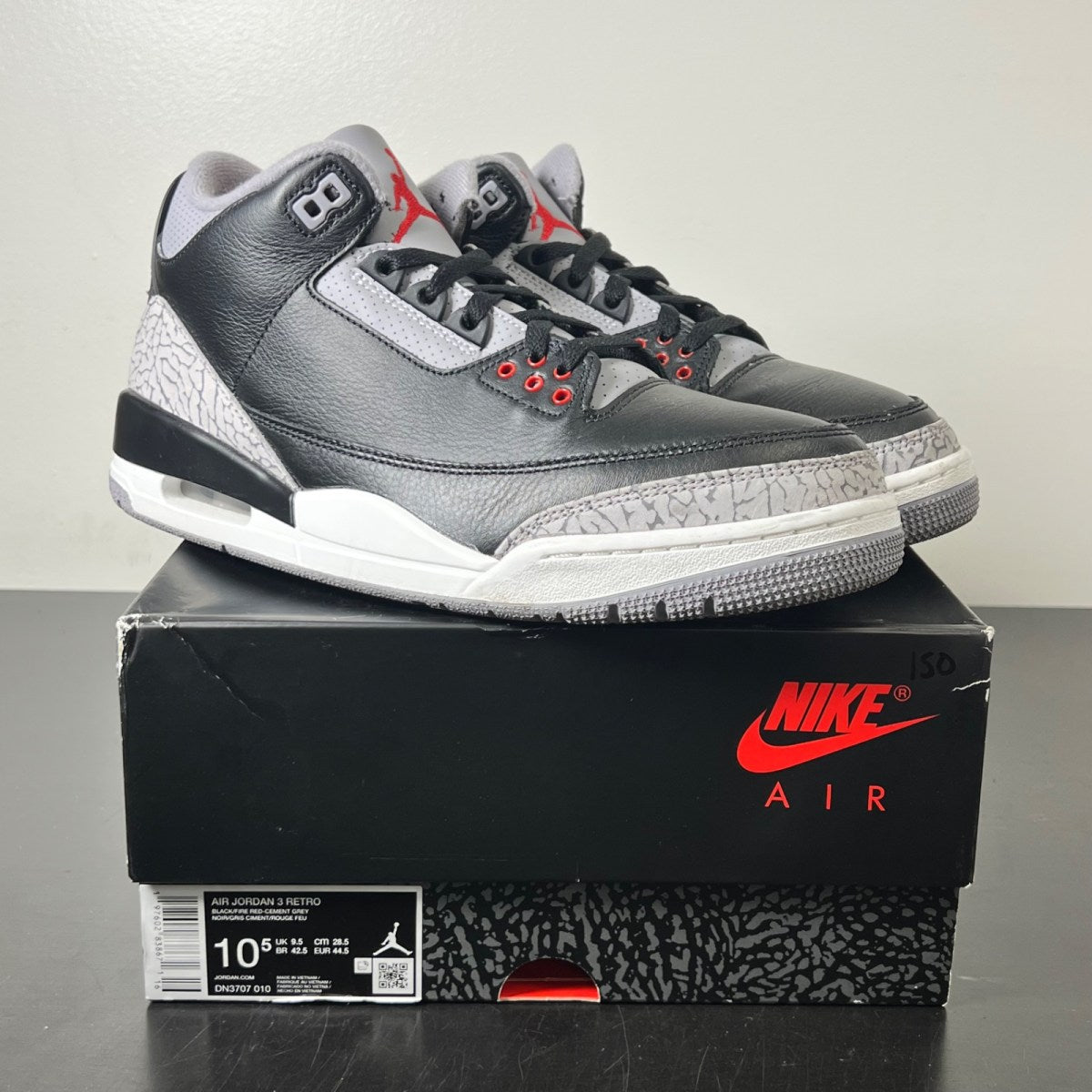 Jordan 3 Retro OG Black Cement (2024) 10.5 (Moderately Worn Pre-Owned)JordanBlack/Fire Red/Cement Grey/Sail - Image 1