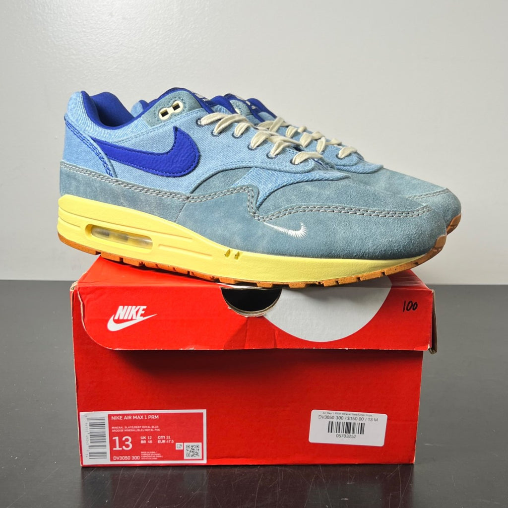 Nike Air Max 1 PRM Dirty Denim 13 (Lightly Worn Pre-Owned)NikeMineral Slate/Deep Royal Blue-Lemon Wash - Image 1
