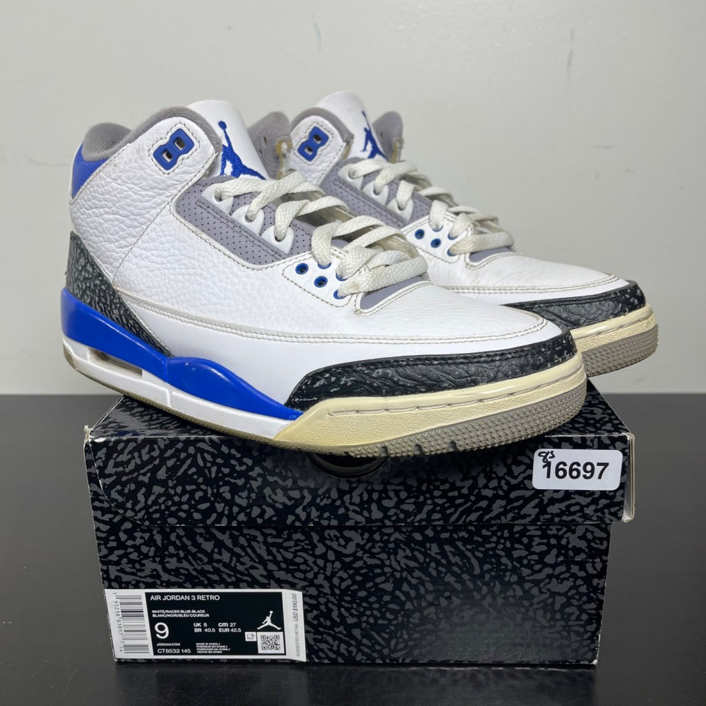 Jordan 3 Retro Racer Blue 9 (Moderately Worn Pre-Owned)JordanWhite/Black-Cement Grey-Racer Blue - Image 1