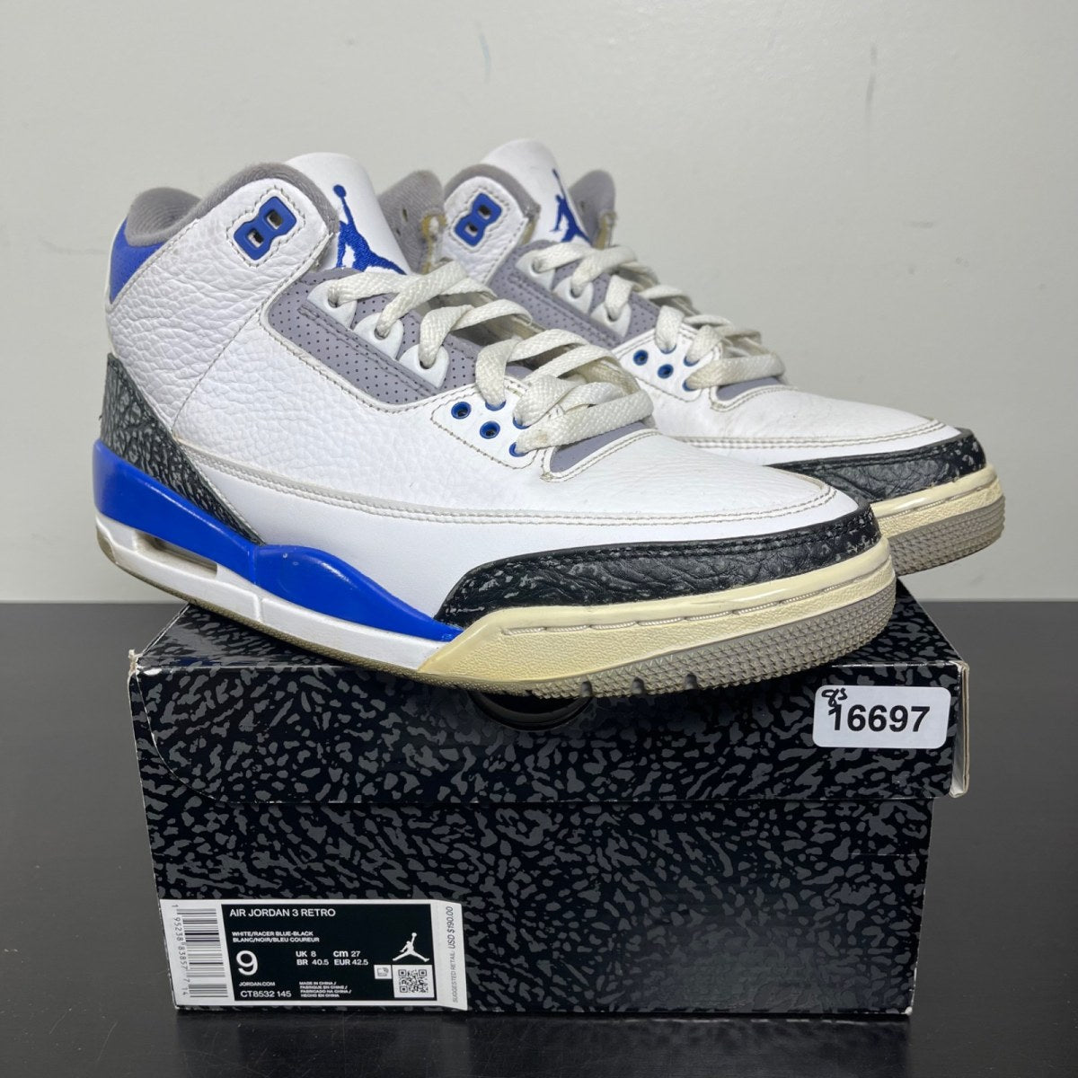 Jordan 3 Retro Racer Blue 9 (Moderately Worn Pre-Owned)JordanWhite/Black-Cement Grey-Racer Blue - Image 1