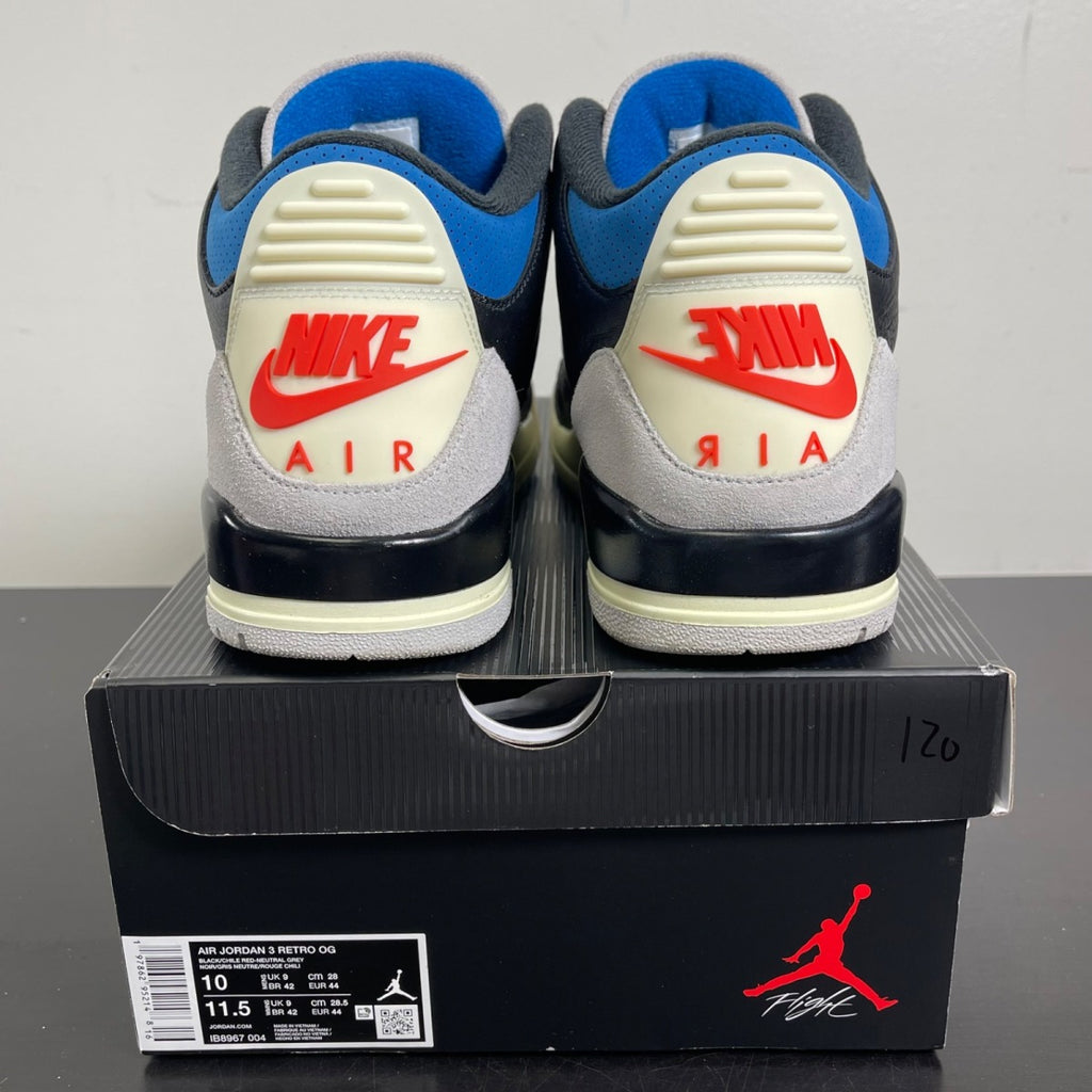 Jordan 3 Retro OG Rare Air 10 (Moderately Worn Pre-Owned)JordanBlack/Chile Red/Neutral Grey/Military Blue/Coconut Milk - Image 4