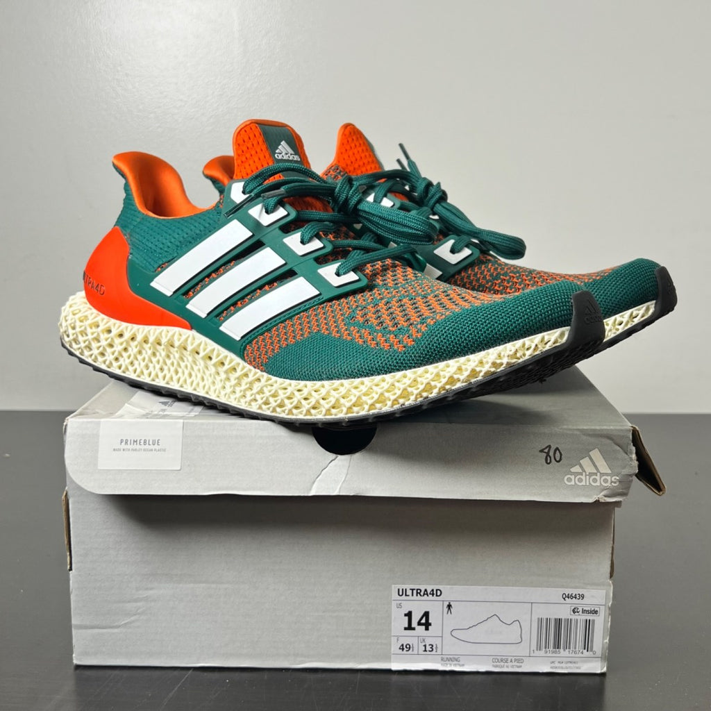 adidas Ultra 4D Miami Hurricanes 14 (Lightly Worn Pre-Owned)adidasCollegiate Green/Footwear White/Collegiate Orange - Image 1