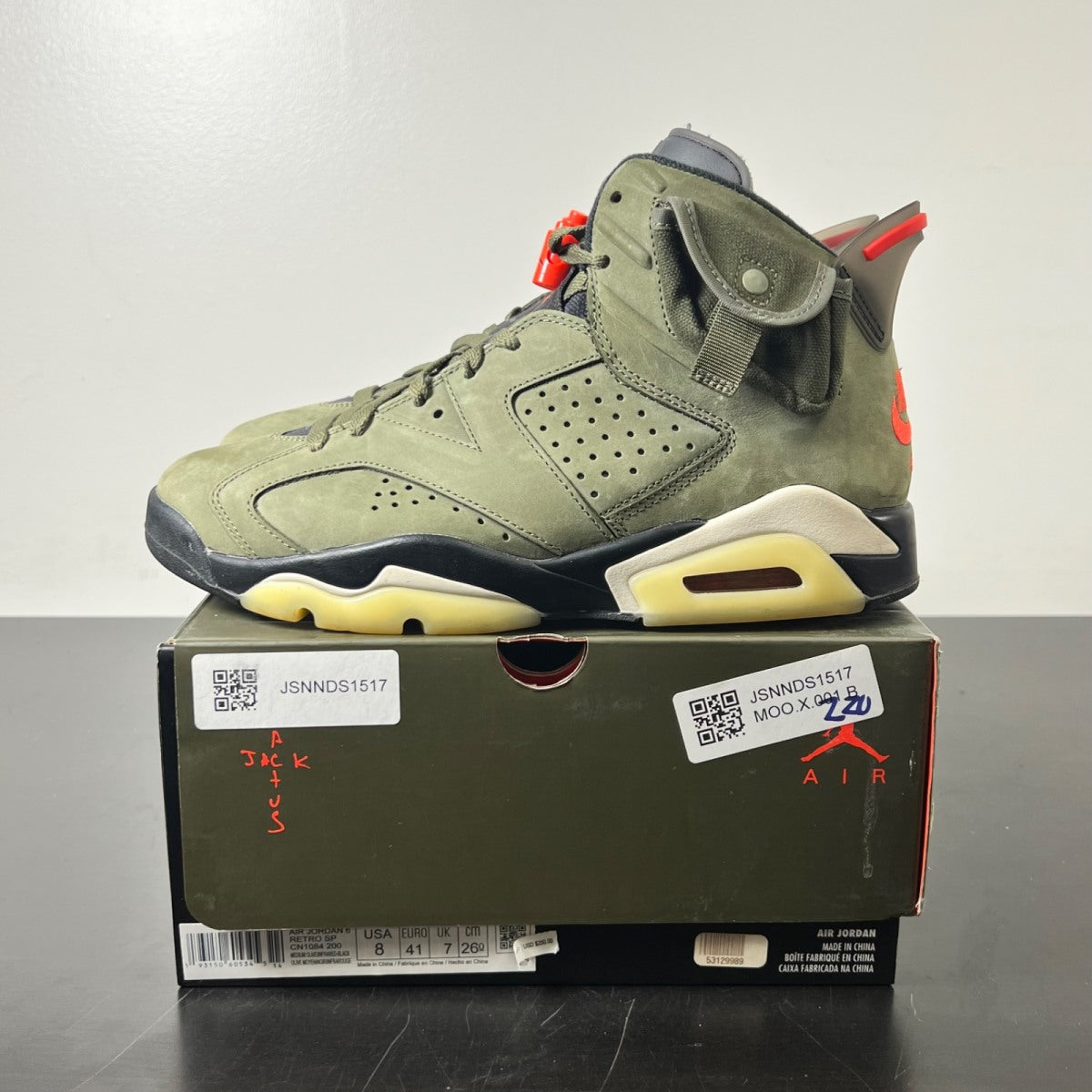 Jordan 6 Retro Travis Scott 8 (Lightly Worn Pre-Owned)JordanMedium Olive/Black-Sail-University Red - Image 3