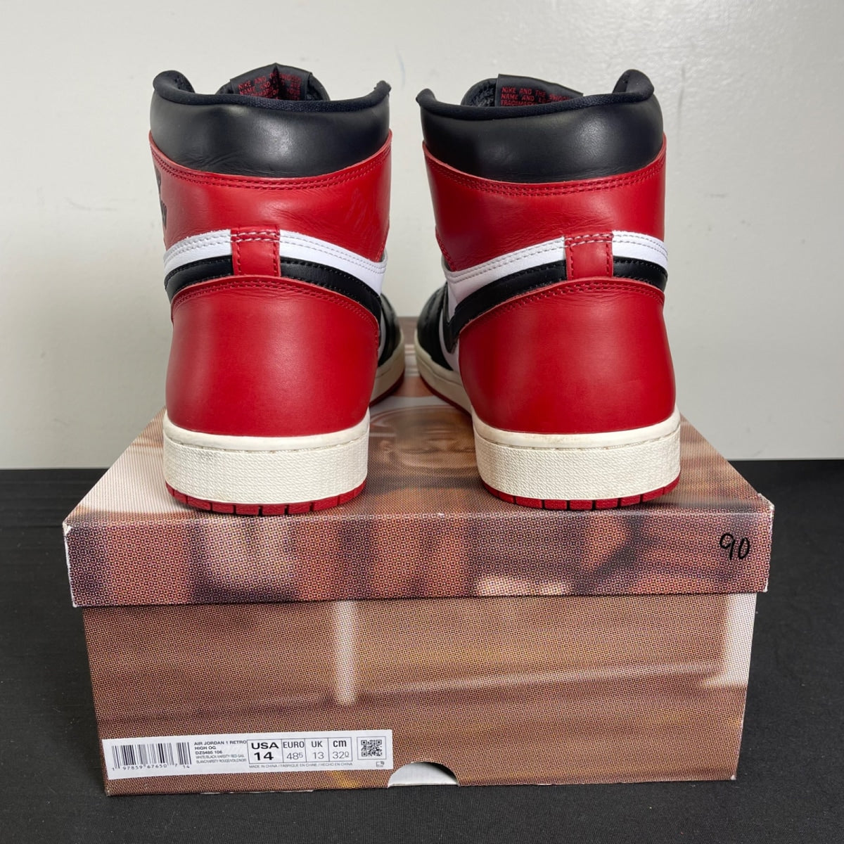 Jordan 1 Retro High OG Black Toe Reimagined 14 (Moderately Worn Pre-Owned)JordanBlack/Black/Varsity Red/White - Image 4