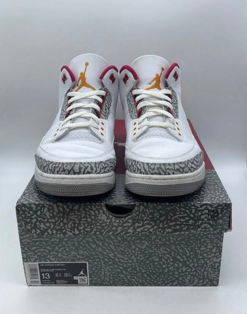 Jordan 3 Retro Cardinal Red 13 (Heavily Worn Pre-Owned)JordanWhite/Light Curry-Cardinal Red-Cement Grey - Image 2
