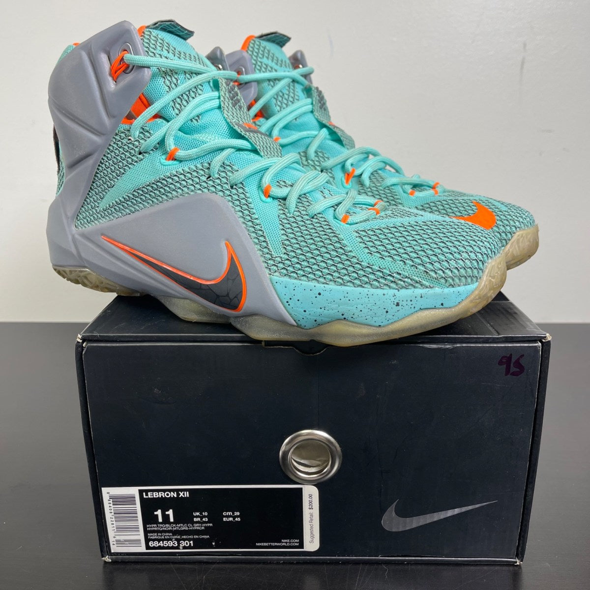 Nike LeBron 12 NSRL 11 (Moderately Worn Pre-Owned)NikeHyper Turquoise/Black-Metallic Cool Grey-Hyper Crimson - Image 1
