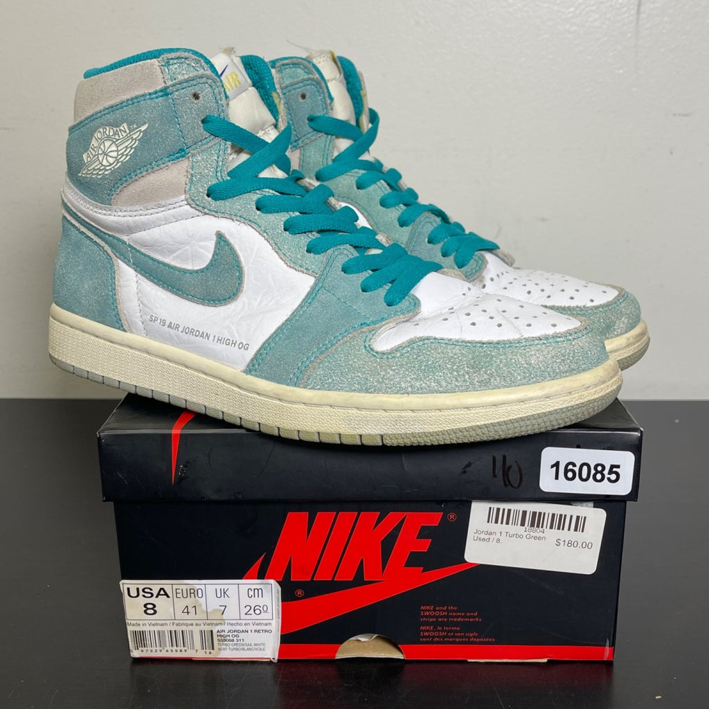 Jordan 1 Retro High Turbo Green 8 (Moderately Worn Pre-Owned)JordanTurbo Green/Sail-White-Light Smoke Grey - Image 1