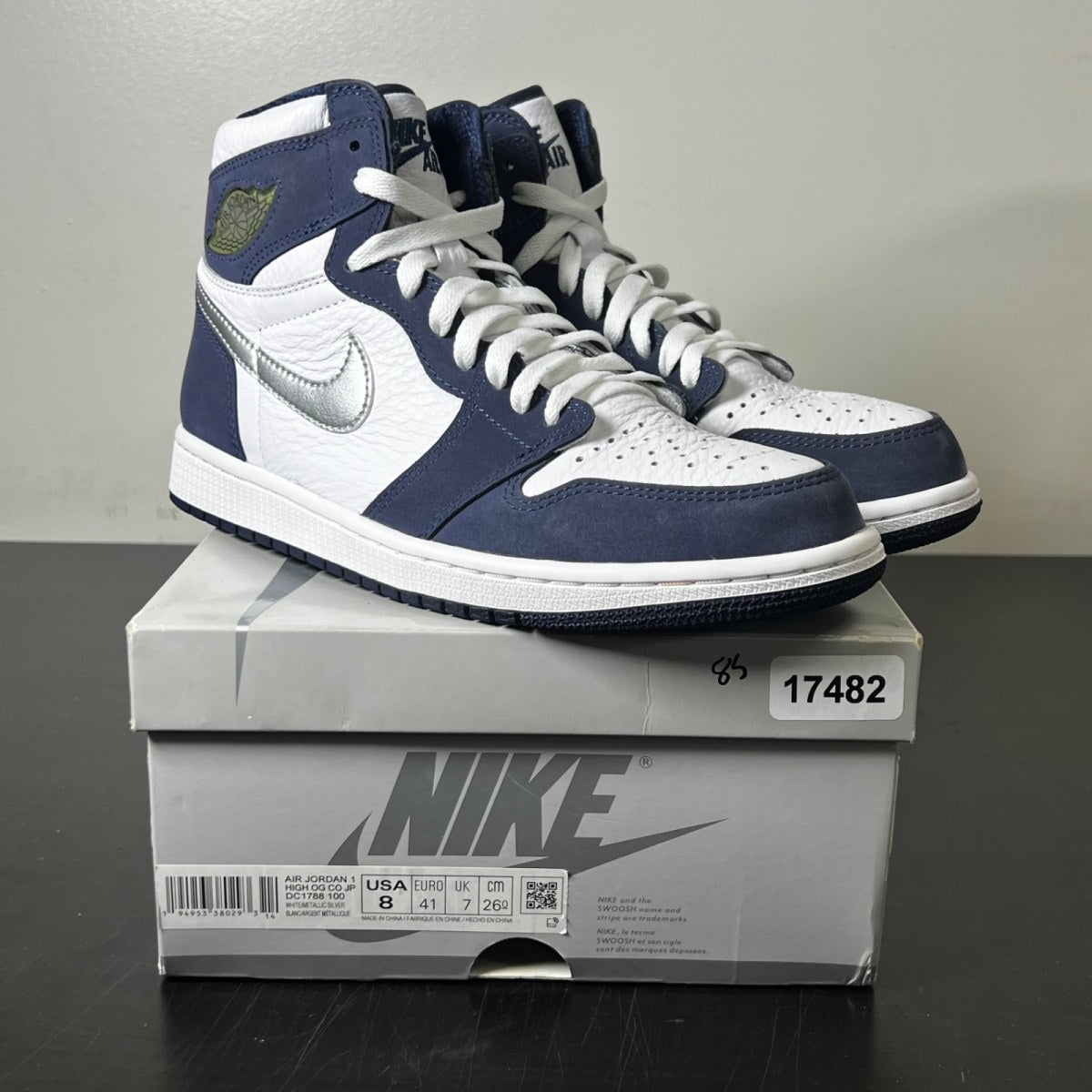 Jordan 1 Retro High CO.JP Midnight Navy (2020) 8 (Lightly Worn Pre-Owned)JordanWhite/Metallic Silver-Midnight Navy - Image 1