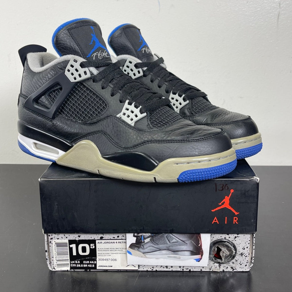 Jordan 4 Retro Motorsports Alternate 10.5 (Moderately Worn Pre-Owned)JordanBlack/Game Royal-Matte Silver-White - Image 1