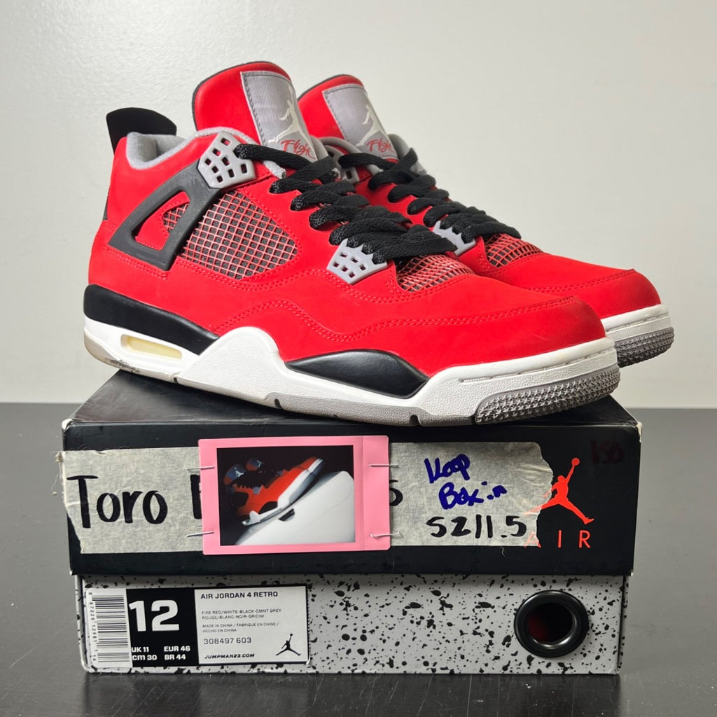 Jordan 4 Retro Toro Bravo 12 (Lightly Worn Pre-Owned)JordanFire Red/White-Black-Cement Grey - Image 1