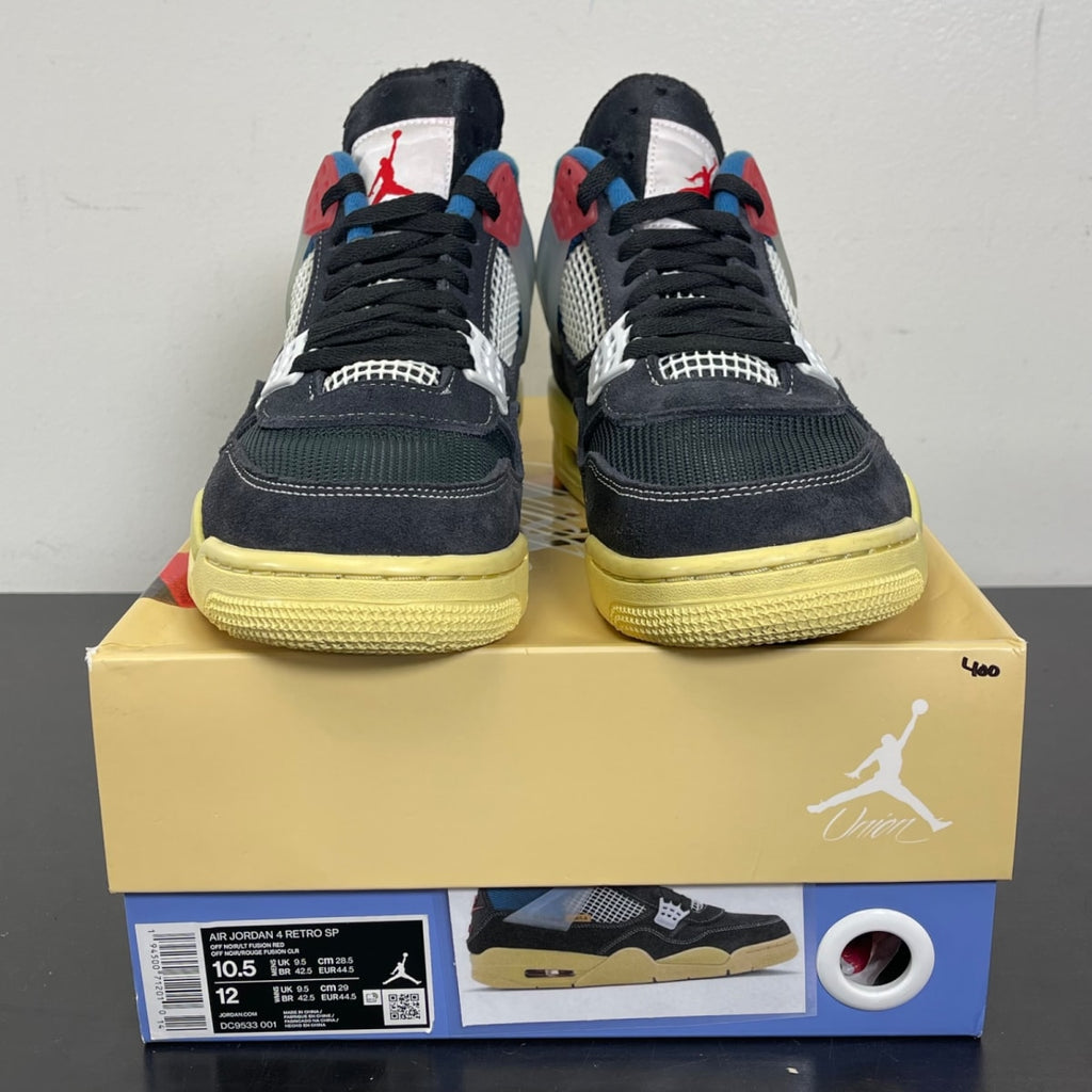 Jordan 4 Retro Union Off Noir 10.5 (Moderately Worn Pre-Owned)JordanOff-Noir/Brigade Blue-Dark Smoke Grey-Light Fusion Red - Image 2