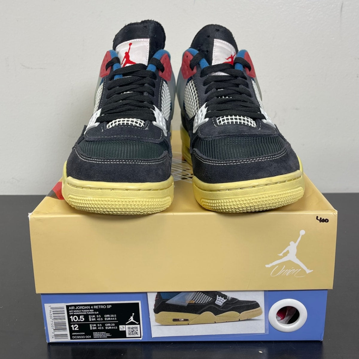 Jordan 4 Retro Union Off Noir 10.5 (Moderately Worn Pre-Owned)JordanOff-Noir/Brigade Blue-Dark Smoke Grey-Light Fusion Red - Image 2