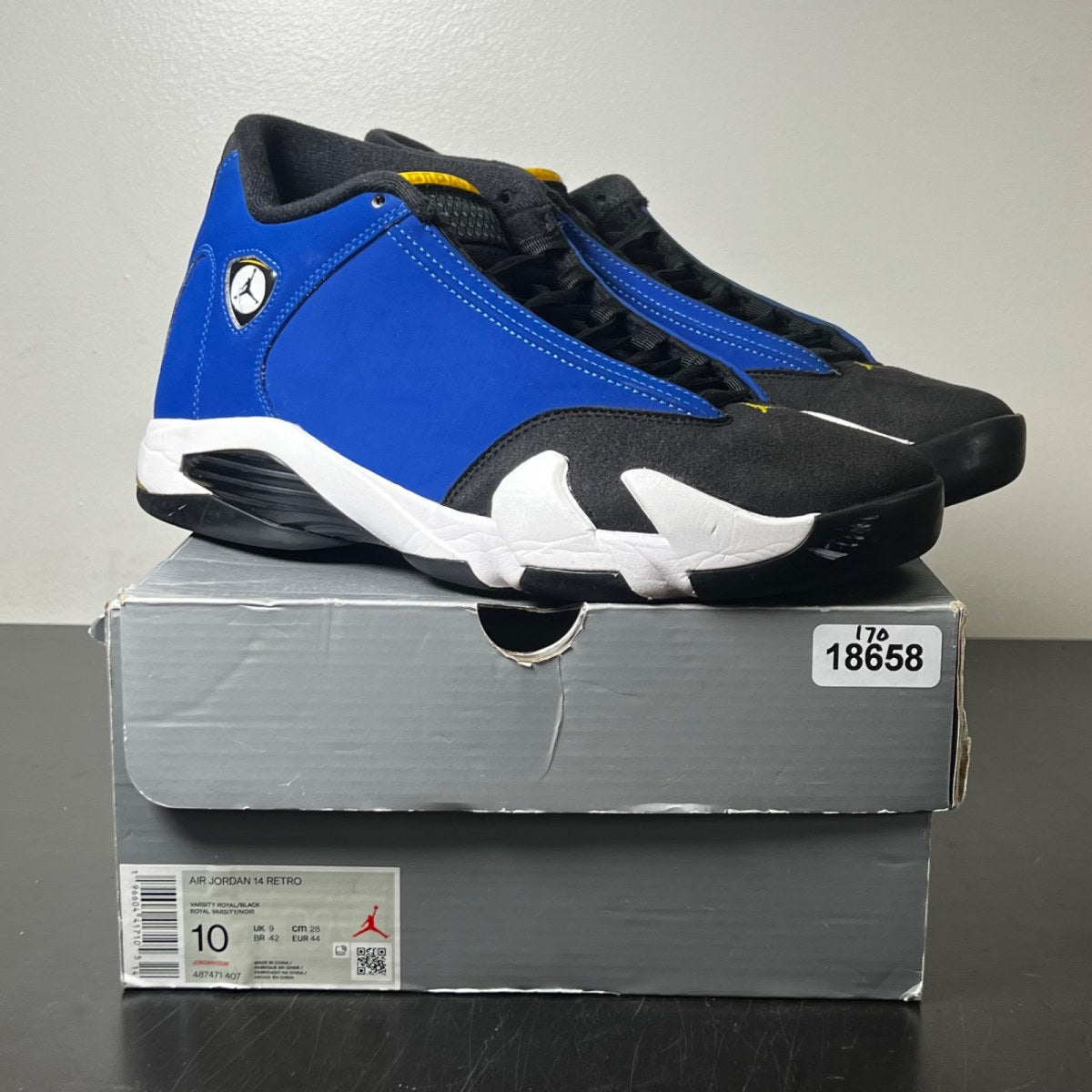 Jordan 14 Retro Laney (2023) 10 (Moderately Worn Pre-Owned)JordanVarsity Royal/Black-Varsity Maize-White - Image 1