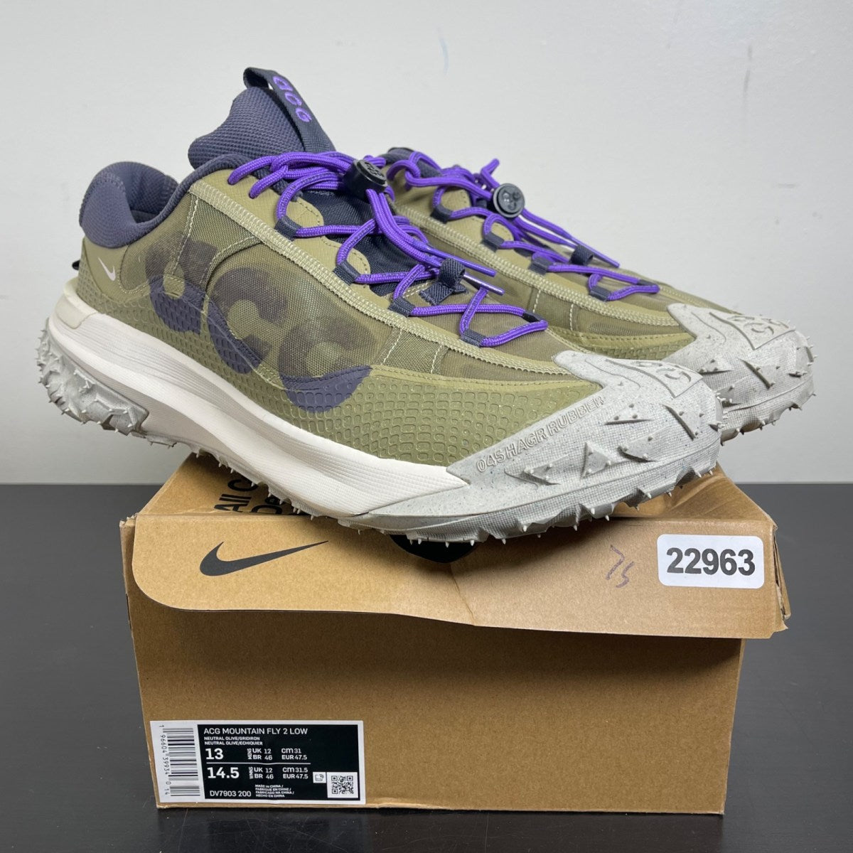 Nike ACG Mountain Fly 2 Low Neutral Olive Mountain Grape 13 (Moderately Worn Pre-Owned)NikeNeutral Olive/Gridiron/Action Grape/Light Orewood Brown/Black - Image 1