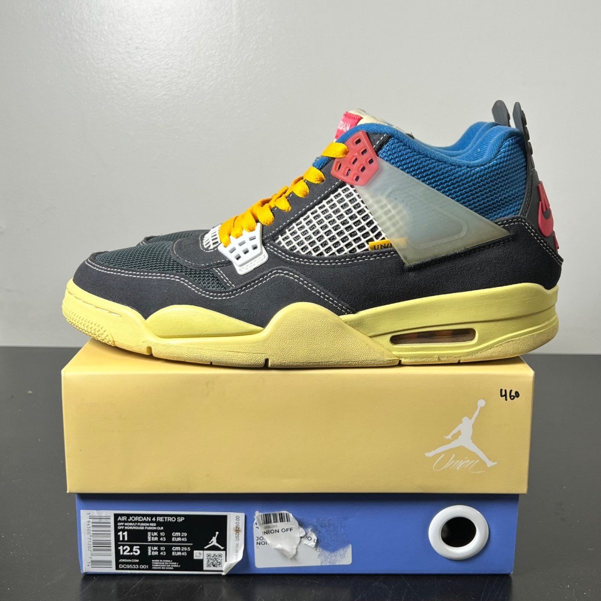 Jordan 4 Retro Union Off Noir 11 (Lightly Worn Pre-Owned)JordanOff-Noir/Brigade Blue-Dark Smoke Grey-Light Fusion Red - Image 3