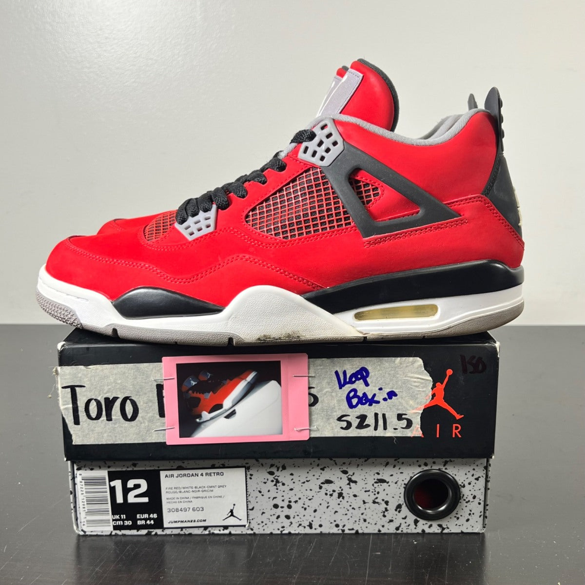 Jordan 4 Retro Toro Bravo 12 (Lightly Worn Pre-Owned)JordanFire Red/White-Black-Cement Grey - Image 3