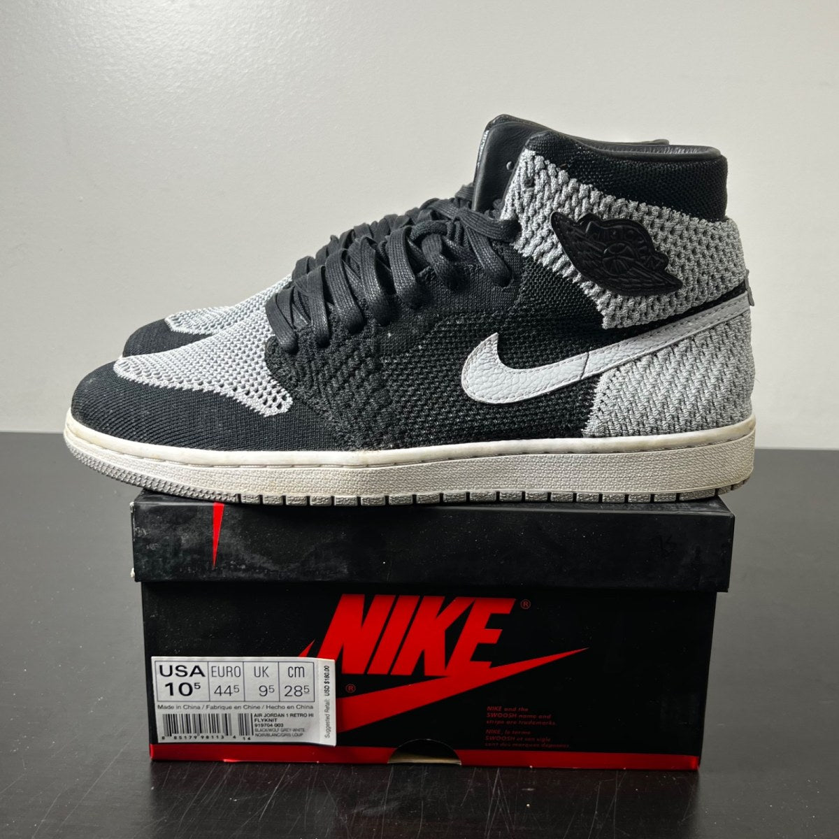 Jordan 1 Retro High Flyknit Shadow 10.5 (Lightly Worn Pre-Owned)JordanBlack/Wolf Grey-White - Image 3
