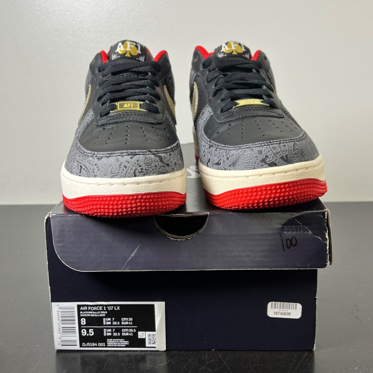 Nike Air Force 1 Low Spades 8 (Lightly Worn Pre-Owned)NikeBlack/Metallic Gold-University Red - Image 2
