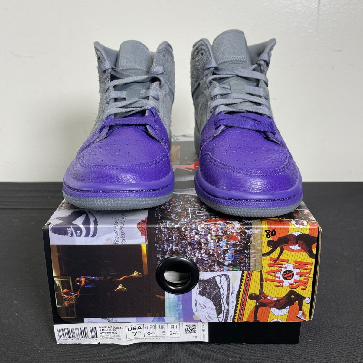 Jordan 1 Mid Sheila Rashid (Women's) 7.5W (Moderately Worn Pre-Owned)JordanMedium Grey/Cool Grey-Court Purple - Image 2