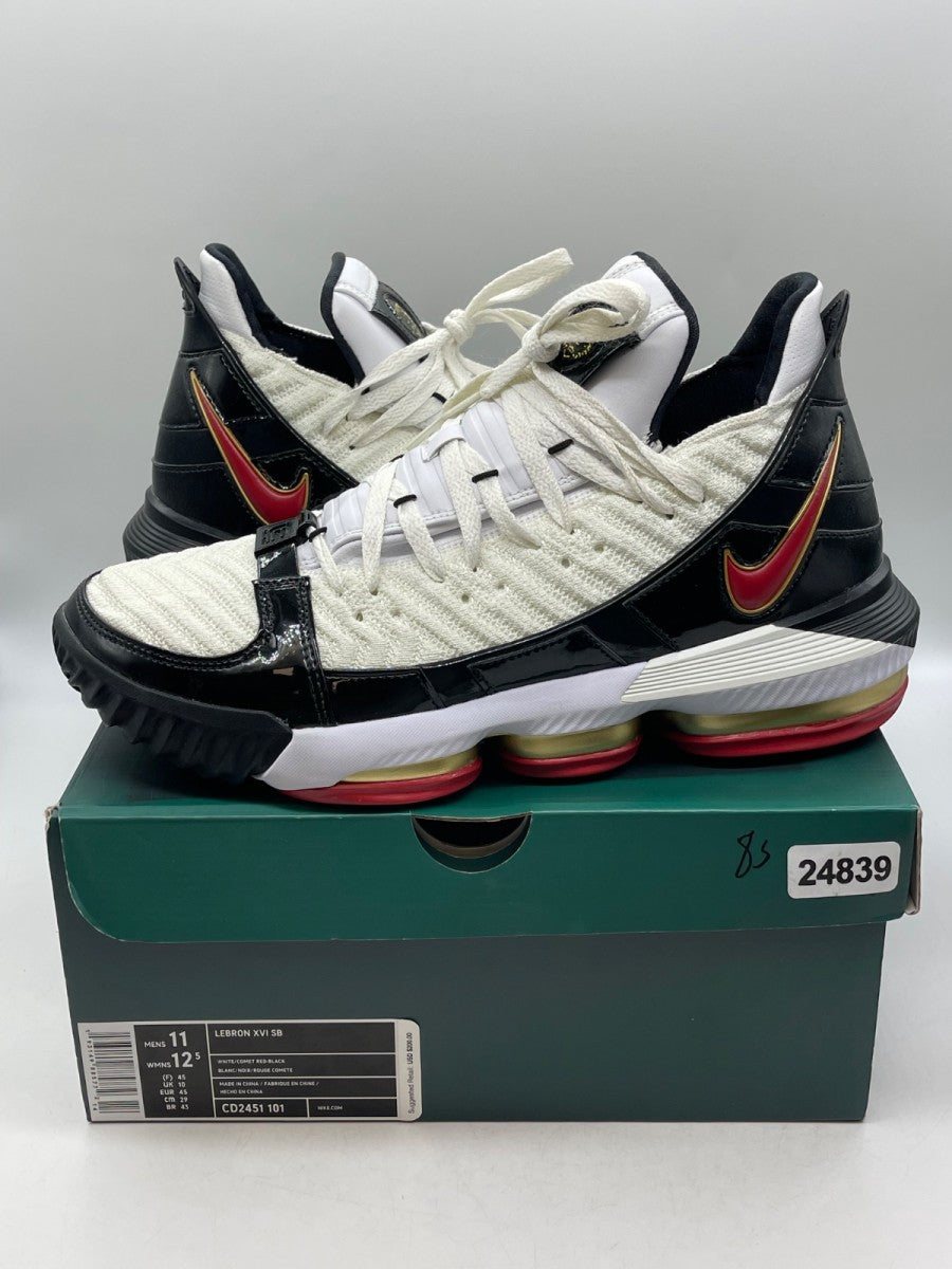 Nike LeBron 16 Remix 11 (Moderately Worn Pre-Owned)NikeWhite/Black-Metallic Gold-Varsity Crimson - Image 1