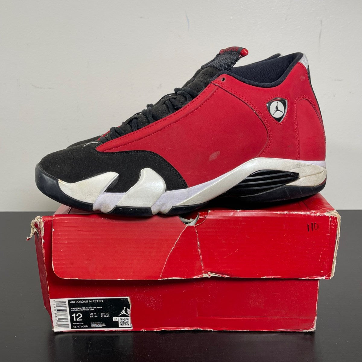 Jordan 14 Retro Gym Red Toro 12 (Moderately Worn Pre-Owned)JordanBlack/White-Off White-Gym Red - Image 3