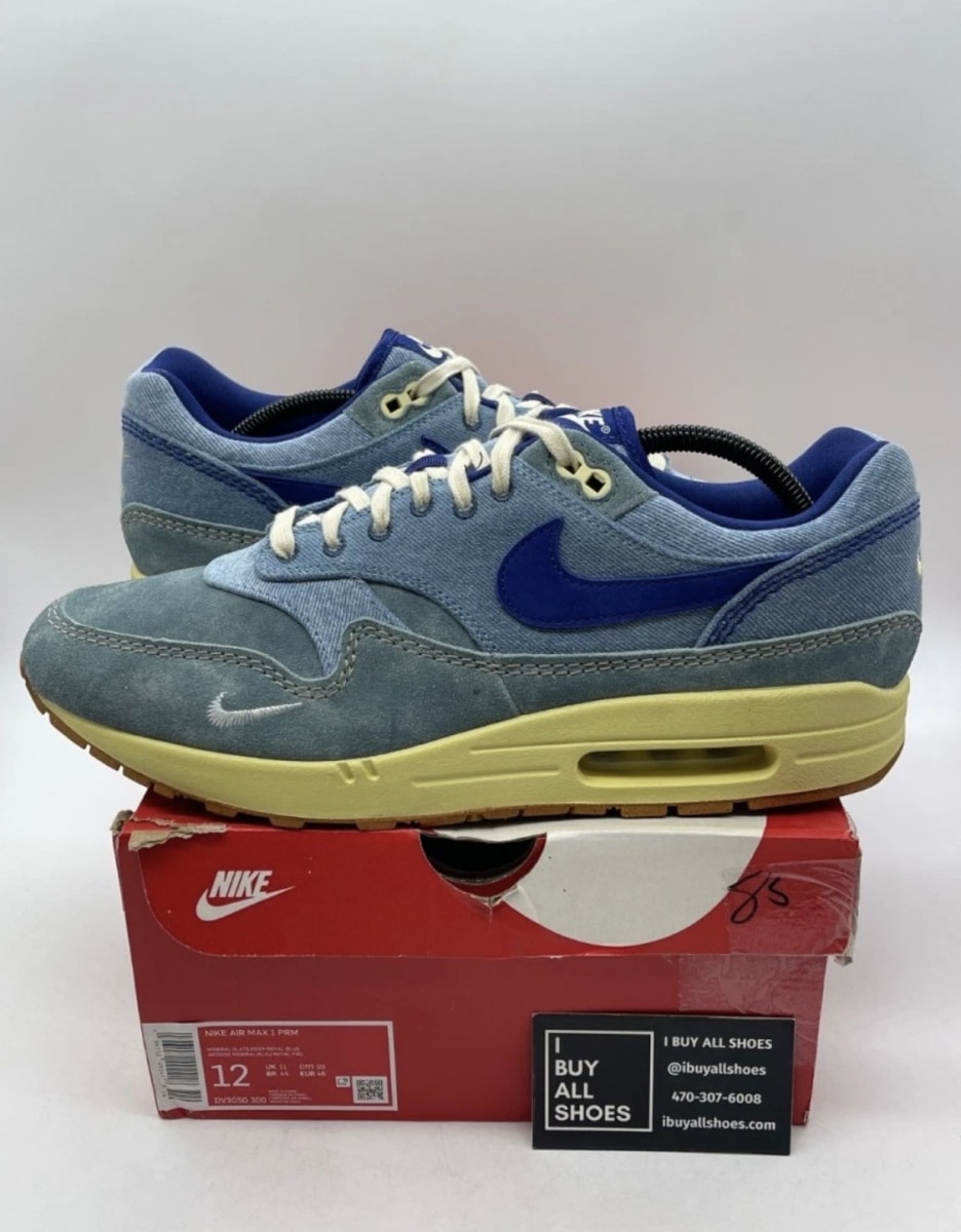 Nike Air Max 1 PRM Dirty Denim 12 (Lightly Worn Pre-Owned)NikeMineral Slate/Deep Royal Blue-Lemon Wash - Image 1