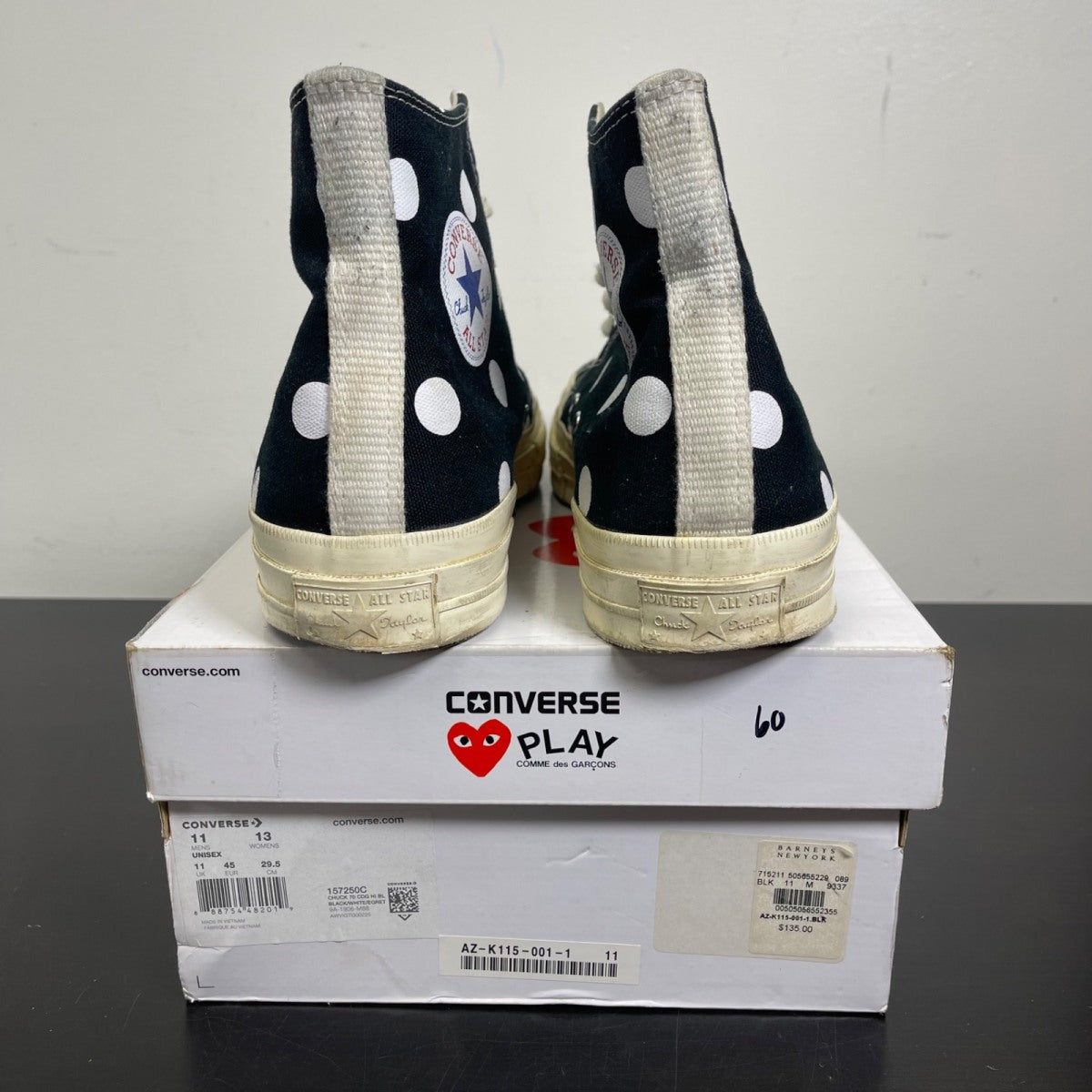Converse Chuck Taylor All Star 70 Hi Comme des Garcons PLAY Polka Dot Black 11 (Moderately Worn Pre-Owned)ConverseBlack/White-Red - Image 4