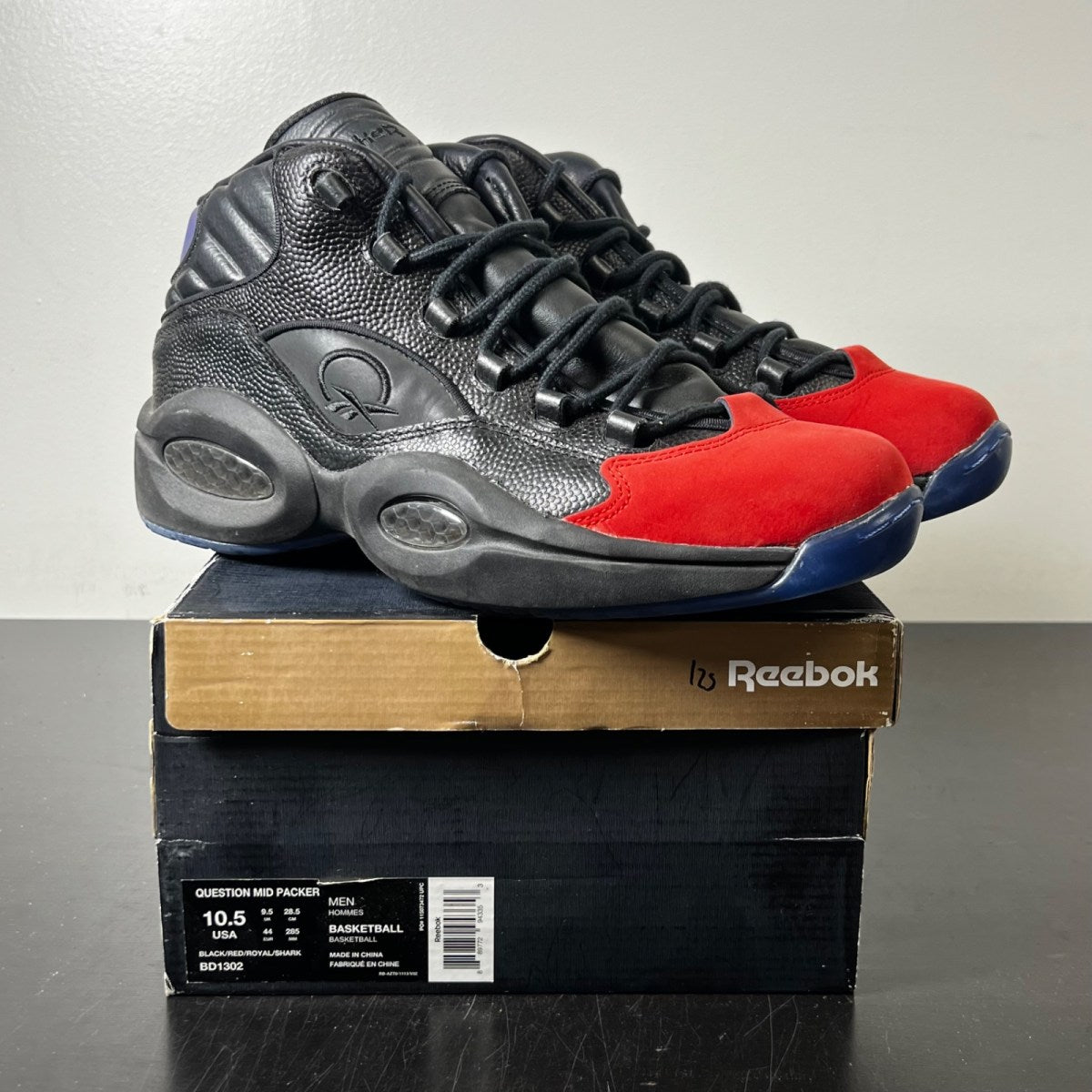 Reebok Question Mid Packer Shoes Curtain Call 10.5 (Moderately Worn Pre-Owned)ReebokBlack/Red/Royal/Shark - Image 1