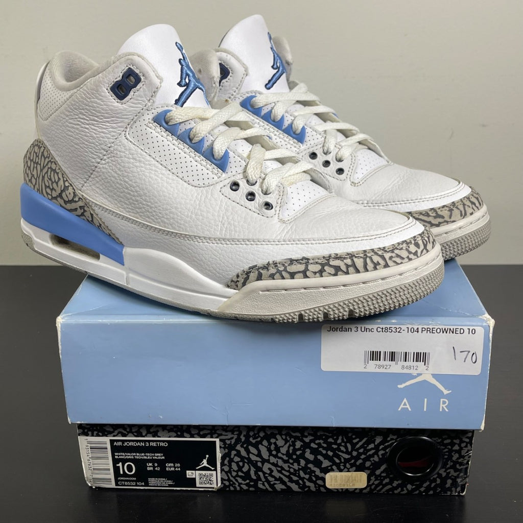 Jordan 3 Retro UNC (2020) 10 (Moderately Worn Pre-Owned)JordanWhite/Valor Blue-Tech Grey - Image 1
