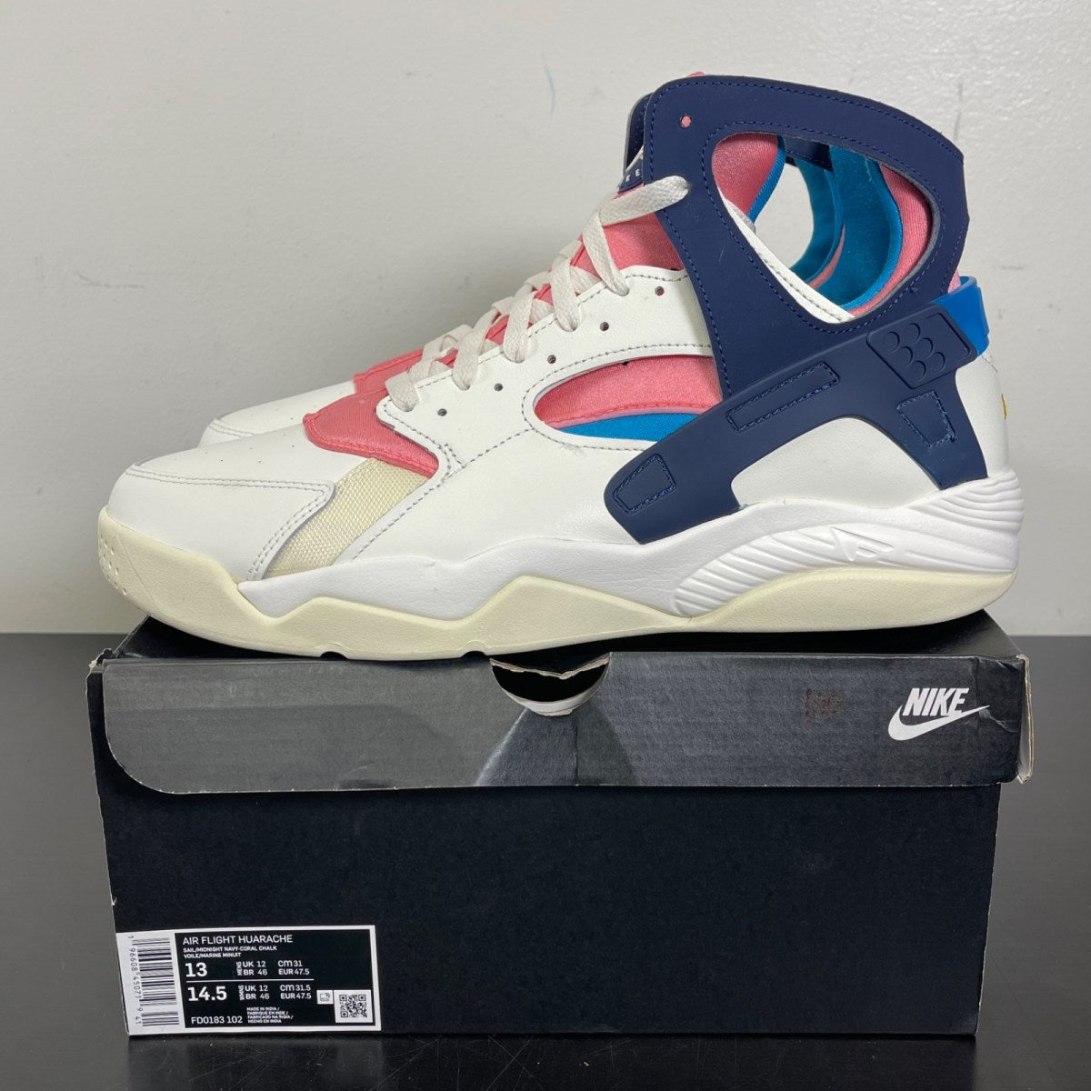 Nike Air Flight Huarache Nike Gear Coral Chalk Laser Blue 13 (Moderately Worn Pre-Owned)NikeSail/Midnight Navy-Coral Chalk-Laser Blue-Speed Yellow-Coconut Milk - Image 3