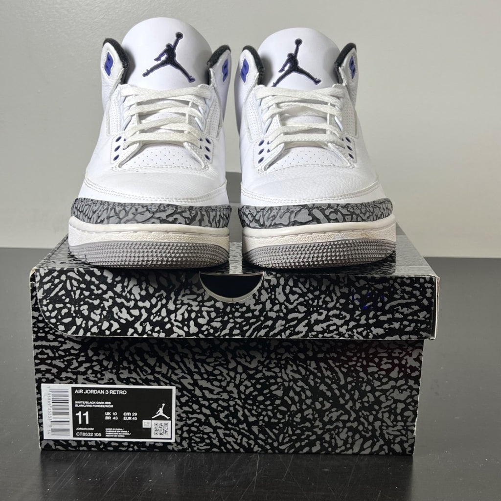 Jordan 3 Retro Dark Iris 11 (Moderately Worn Pre-Owned)JordanWhite/Black/Dark Iris/Cement Grey - Image 2