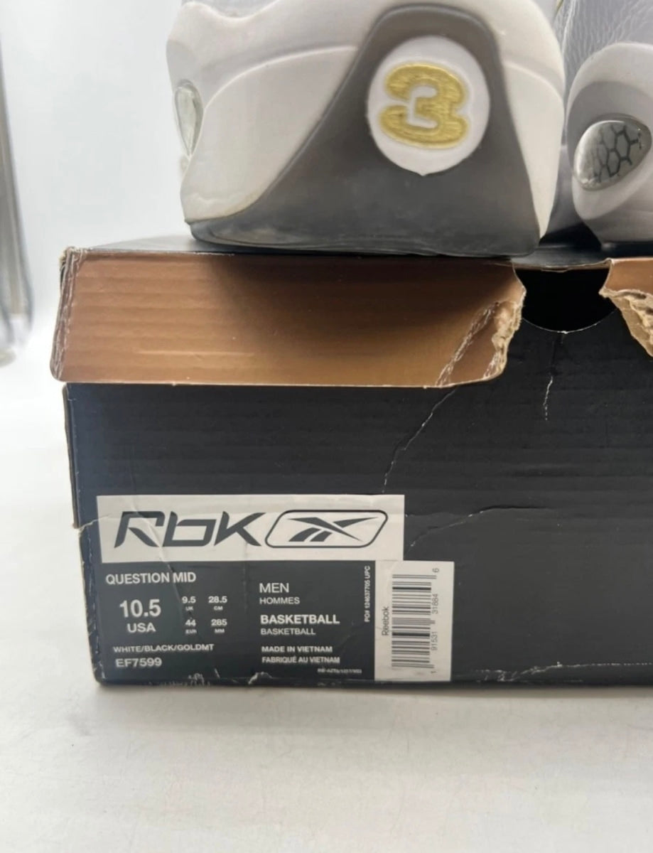 Reebok Question Mid Black Toe 10.5 (Lightly Worn Pre-Owned)ReebokWhite/Black-Gold - Image 6