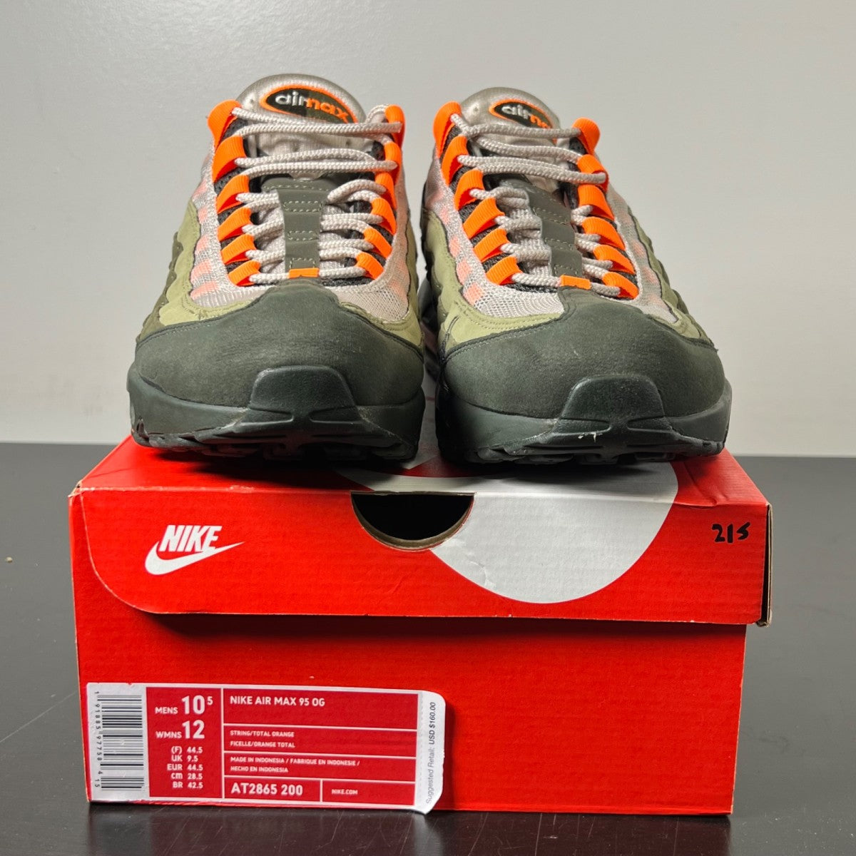 Nike Air Max 95 OG Neutral Olive Total Orange 10.5 (Lightly Worn Pre-Owned)NikeString/Total Orange-Neutral Olive - Image 2