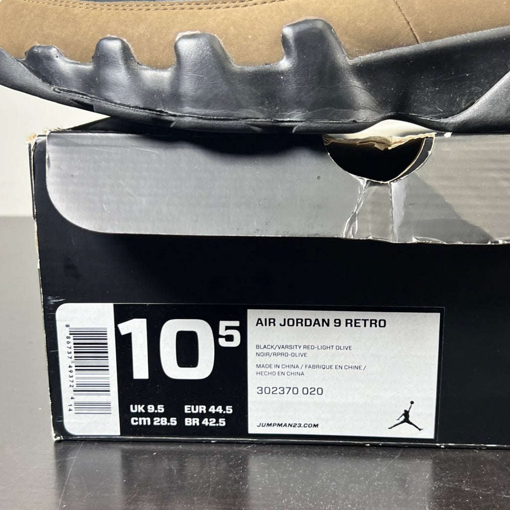 Jordan 9 Retro Olive (2012) 10.5 (Moderately Worn Pre-Owned)JordanBlack/Light Olive-Varsity Red - Image 4