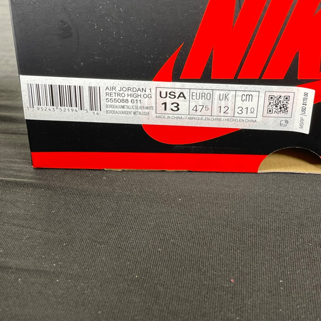 Jordan 1 Retro High OG Bordeaux 13 (Moderately Worn Pre-Owned)JordanBordeaux/White-Metallic Silver - Image 7