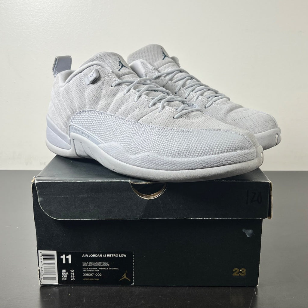 Jordan 12 Retro Low Wolf Grey 11 (Lightly Worn Pre-Owned)JordanWolf Grey/Armory Navy-Electrolime - Image 1