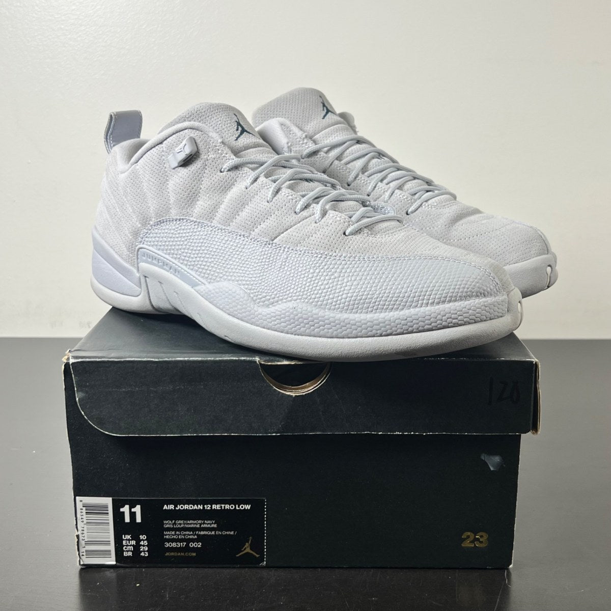 Jordan 12 Retro Low Wolf Grey 11 (Lightly Worn Pre-Owned)JordanWolf Grey/Armory Navy-Electrolime - Image 1