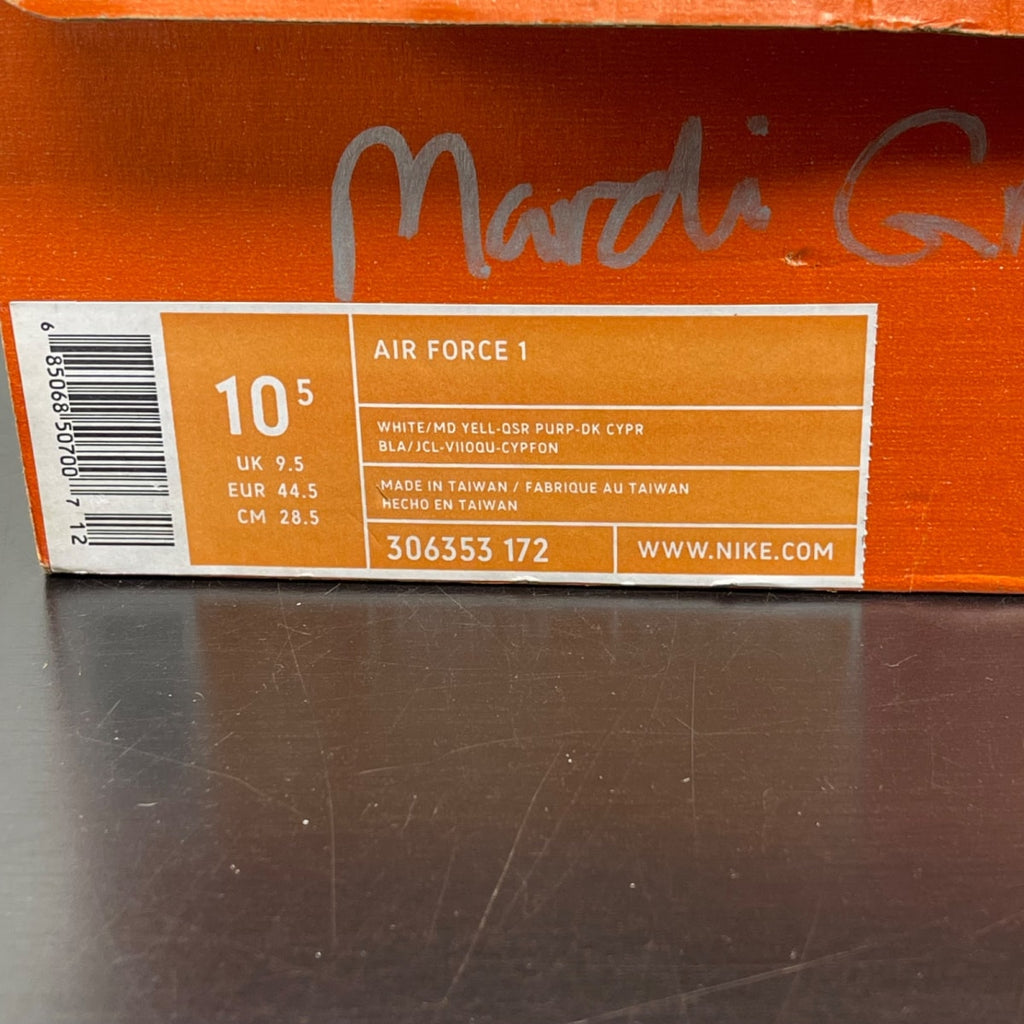 Nike Air Force 1 Low Mardi Gras 10.5 (Moderately Worn Pre-Owned)NikeWhite/Medium Yell-Purp-Dark Cypress - Image 7
