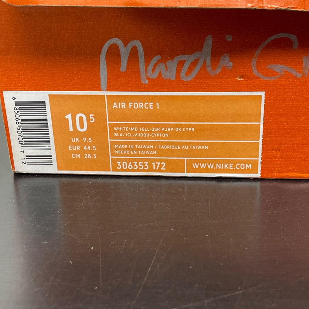 Nike Air Force 1 Low Mardi Gras 10.5 (Moderately Worn Pre-Owned)NikeWhite/Medium Yell-Purp-Dark Cypress - Image 7