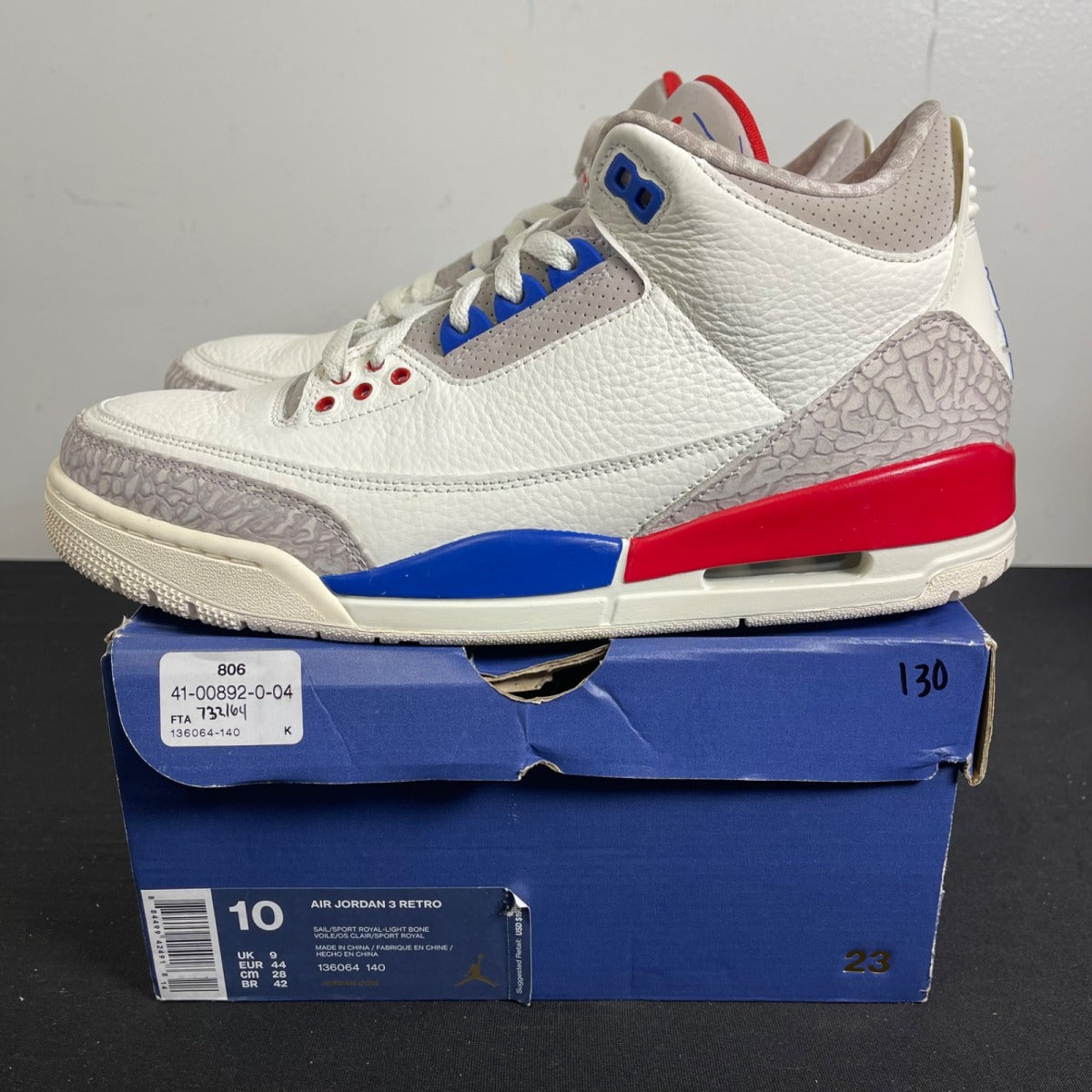 Jordan 3 Retro International Flight 10 (Moderately Worn Pre-Owned)JordanSail/Sport Royal-Light Bone-Fire Red - Image 3