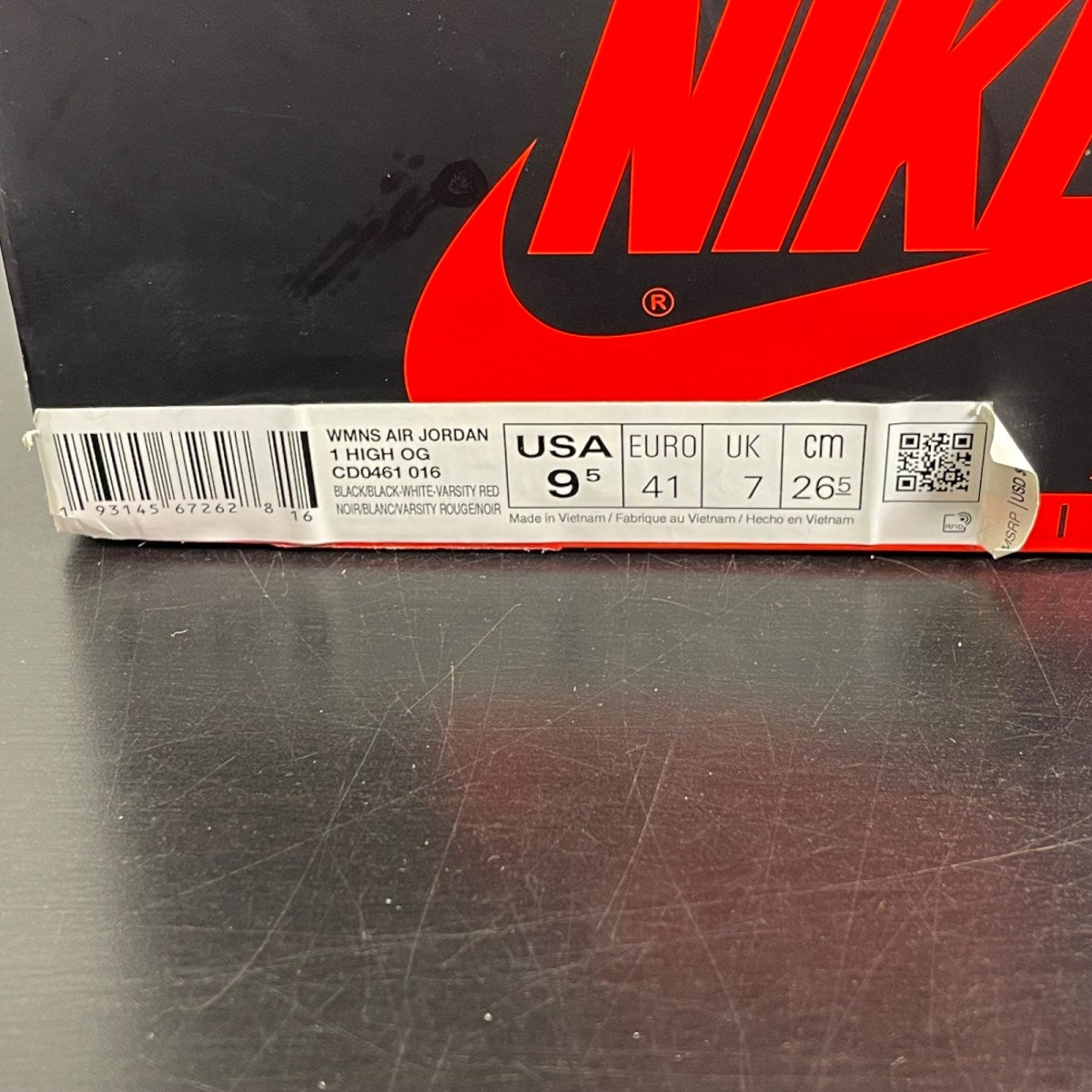 Jordan 1 Retro High Satin Black Toe (Women's) 9.5W (Moderately Worn Pre-Owned)JordanBlack/White-University Red - Image 7