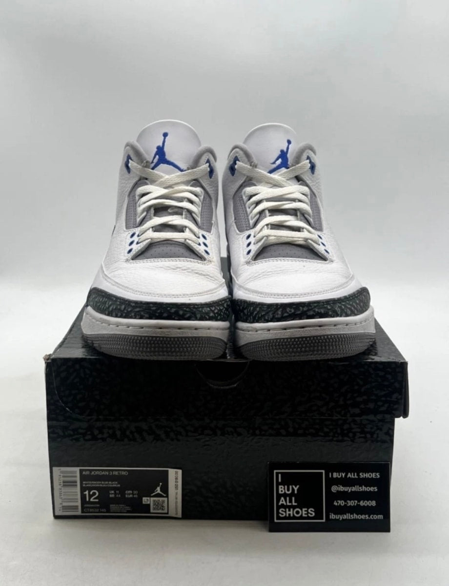Jordan 3 Retro Racer Blue 12 (Lightly Worn Pre-Owned)JordanWhite/Black-Cement Grey-Racer Blue - Image 2