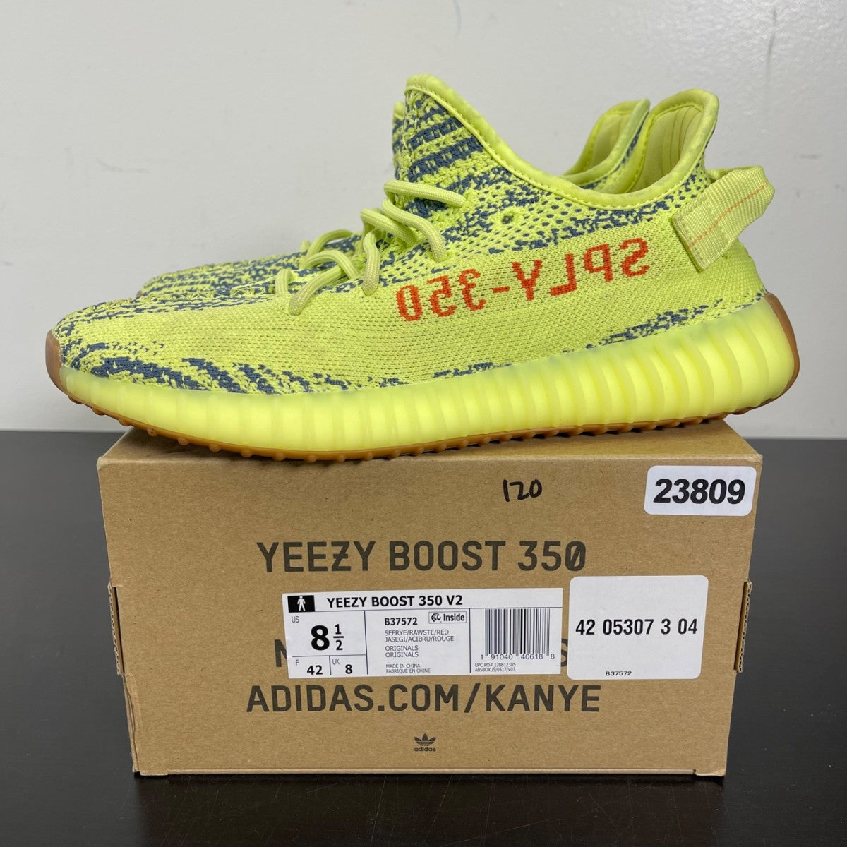 adidas Yeezy Boost 350 V2 Semi Frozen Yellow 8.5 (Moderately Worn Pre-Owned)adidasSemi Frozen Yellow/Raw Steel/Red - Image 3