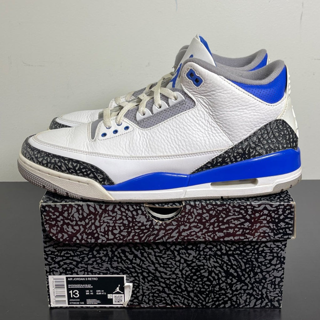 Jordan 3 Retro Racer Blue 13 (Moderately Worn Pre-Owned)JordanWhite/Black-Cement Grey-Racer Blue - Image 3