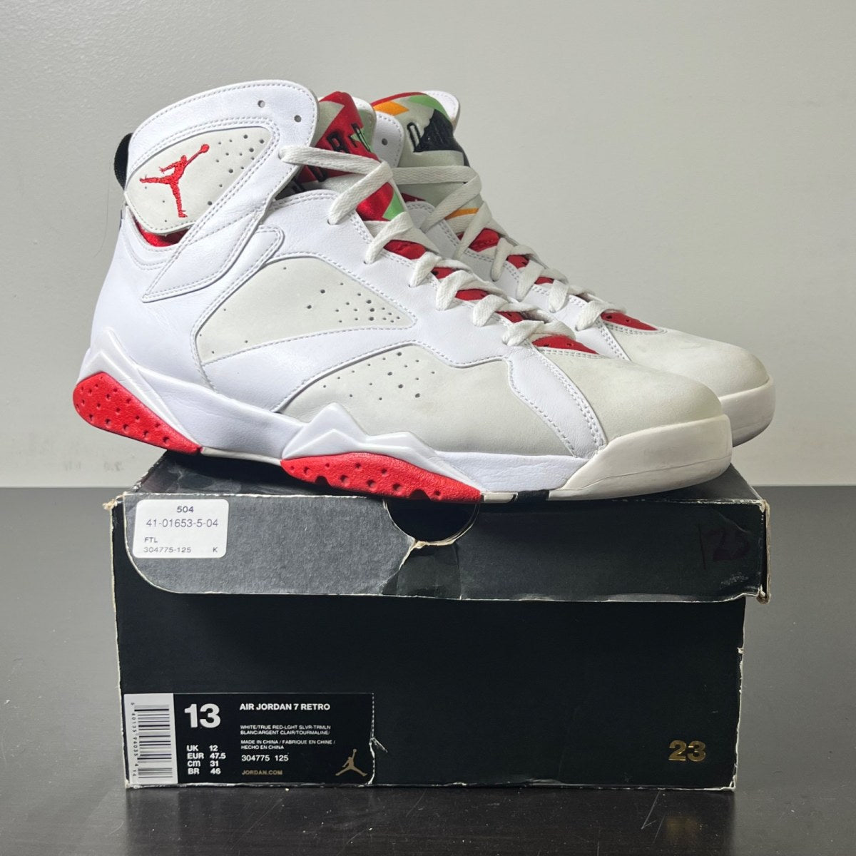 Jordan 7 Retro Hare (2015) 13 (Lightly Worn Pre-Owned)JordanWhite/True Red-Light Silver-Tourmaline - Image 1