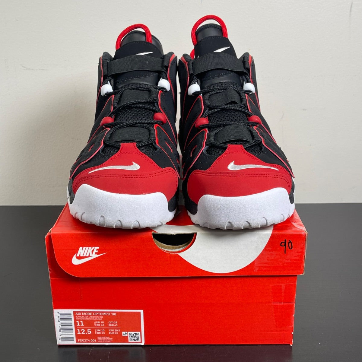 Nike Air More Uptempo 96 Red Toe 11 (Moderately Worn Pre-Owned)NikeBlack/Black-Red-White - Image 2